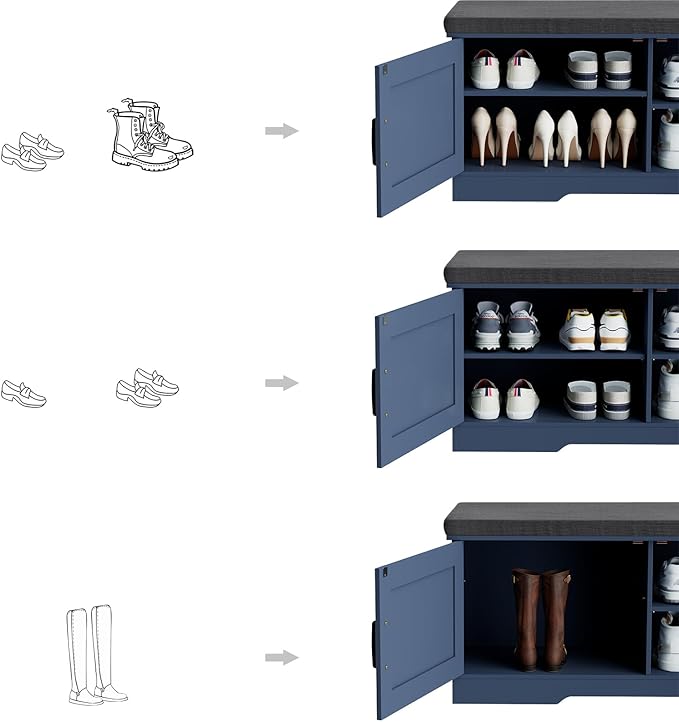 2-Tier Storage Bench, Shoe Bench with Padded Seat Cushion, Entryway Bench with 2 Barn Doors, Adjustable Shelf, 13.8" D x 39.4" W x 17.7" H, for Entryway, Living Room, Bedroom, Blue-PawvioPets