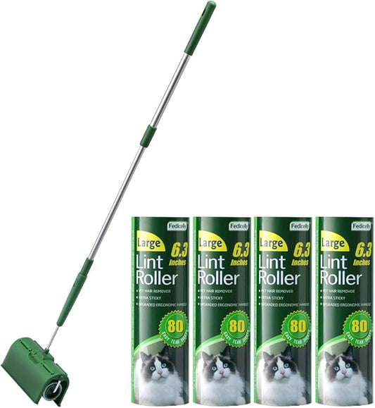 Fedicelly Large Lint Rollers Pet Hair Extra Sticky Floor, Cat Dog Hair Remover Laundry Clothes Carpet Furniture,6.3 inches Wider with 320 Sheets Giant Lint Remover Brush for Couch with Long Handle-PawvioPets