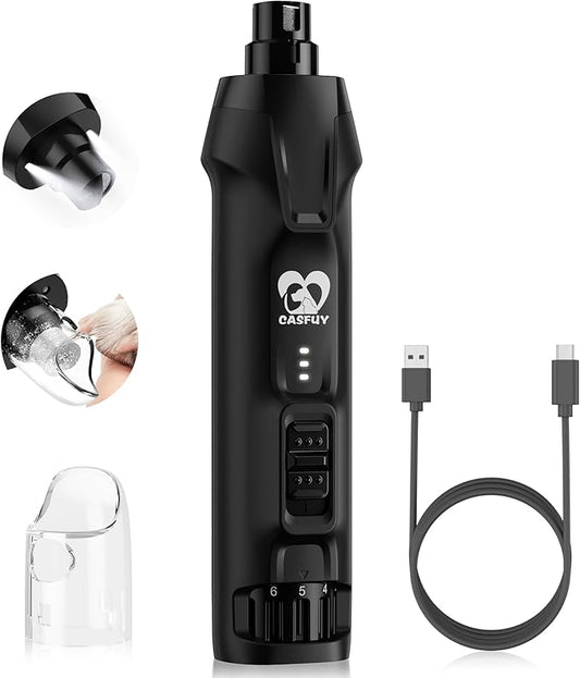 Casfuy 6-Speed Dog Nail Grinder – 50%+ Boost Power Dog Nail Trimmers Quiet with Dust Cap & 2 LED Lights & 2000mAh Battery & 4.8V Motor Electric Pet Toenail File Tool for Large Medium Small Dogs Cats-PawvioPets