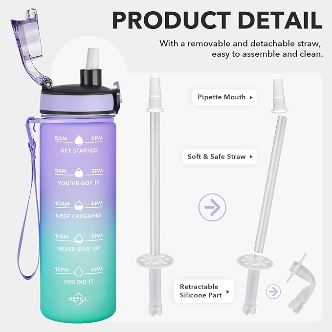 Enerbone Water Bottle, Leakproof BPA & Toxic Free, Motivational Water Bottle with Times to Drink and Straw, Fitness Sports Water Bottle with Strap for Office, Gym, Outdoor Sports-PawvioPets