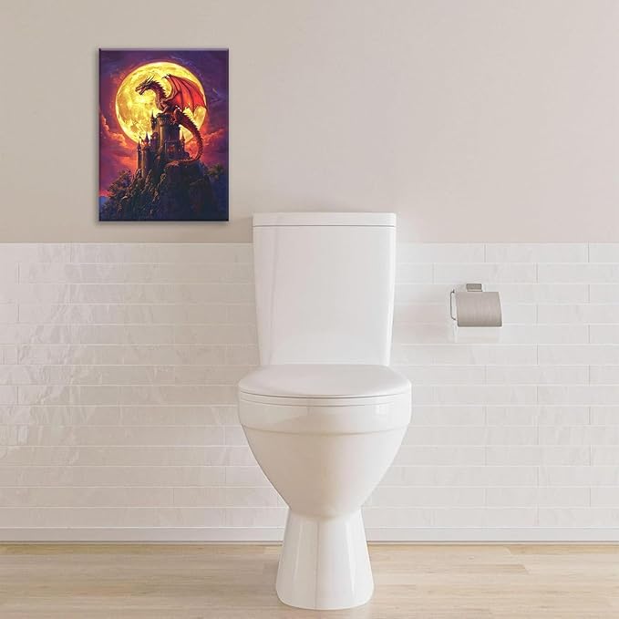 Dragon Bathroom Pictures Wall Art, Red Dragon Castle Bathroom Wall Decor, Framed Painting Canvas Artwork for Bedroom Living Room Decorations 20"L x 16"W-PawvioPets