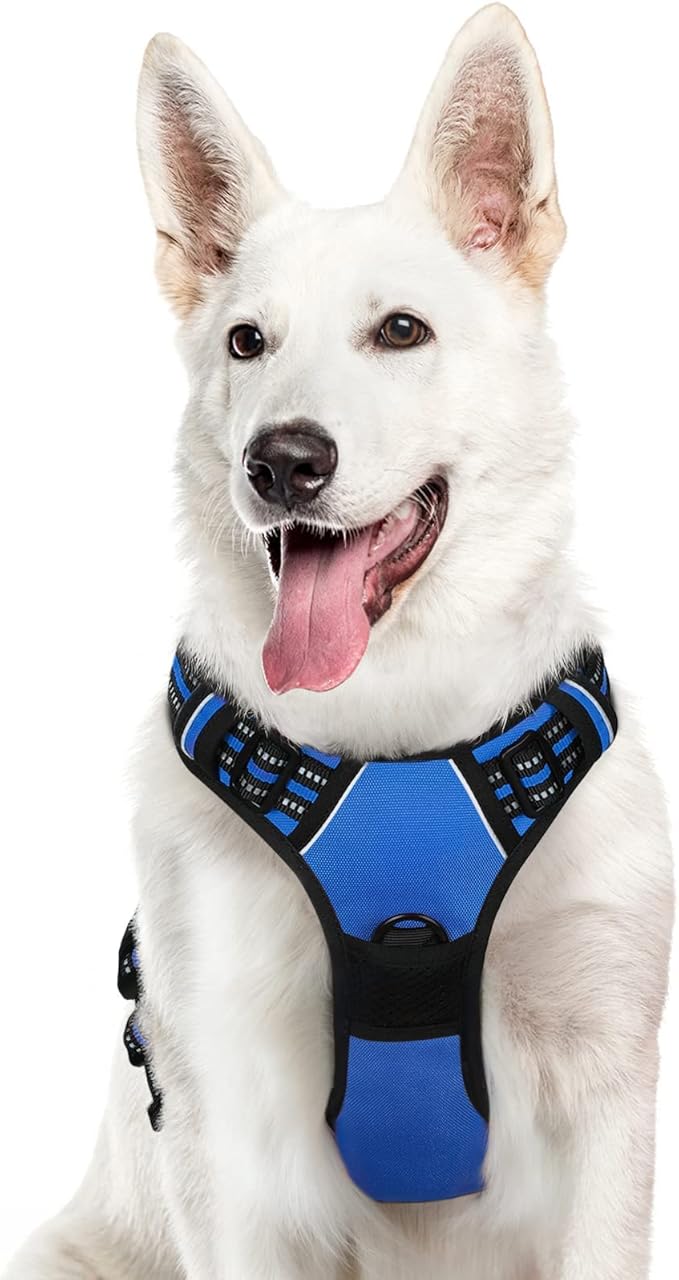 Eagloo Dog Harness for Large Dogs, No Pull Service Vest with Reflective Strips and Control Handle, Adjustable and Comfortable for Walking, No Choke Pet Harness with 2 Metal Rings, Blue, XL-PawvioPets