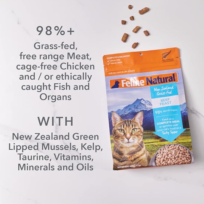 Feline Natural High Protein Dry Cat Food, Freeze-Dried Diet with 98% Meat, Organs & Seafood, No Peas, Grains, or Artificial Additives, Made in New Zealand, Chicken & Lamb, 11oz-PawvioPets