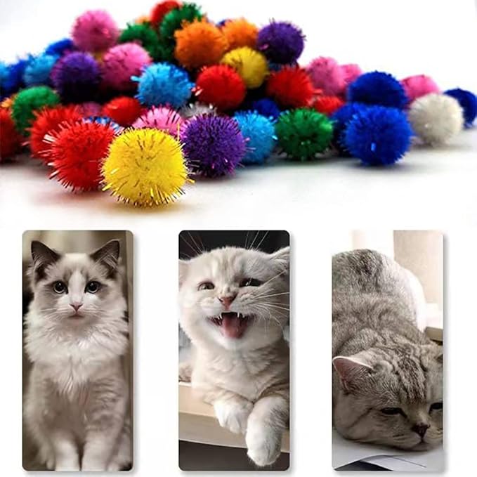 30Pcs 1.2inch/3cm Sparkle Balls for Cats - Interactive Toy Pom Pom Fuzzy Tinsel Cat Balls for Indoor Play (Mixed Colour)-PawvioPets