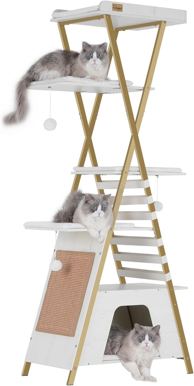 FourFurPets 72.4" Cat Tree, Modern Cat Tower for Indoor Cats, Multi-Level Cat Condo with Caves, Tall Cat Tree with Cat Scratching Board, Wooden Cat Tower with Large Perch, Removable Pads, White-PawvioPets