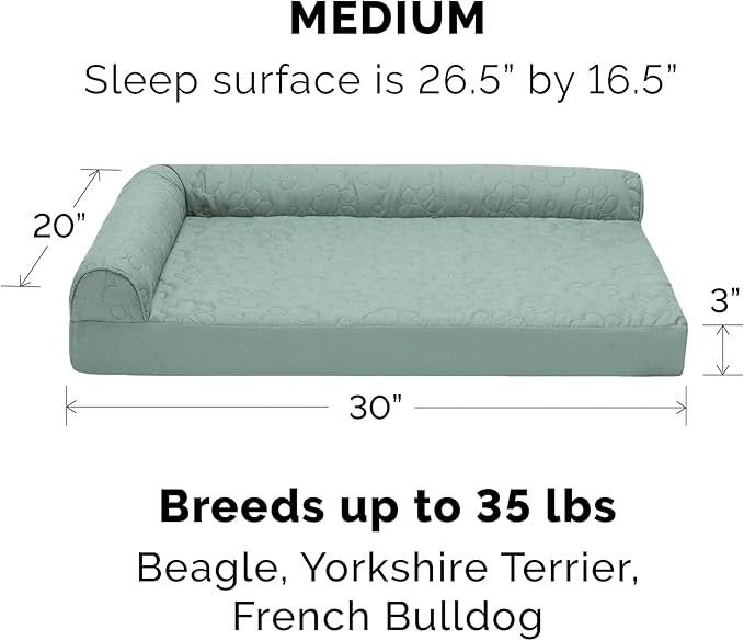 Furhaven Cooling Gel Dog Bed for Medium/Small Dogs w/ Removable Bolsters & Washable Cover, For Dogs Up to 35 lbs - Pinsonic Quilted Paw L Shaped Chaise - Iceberg Green, Medium-PawvioPets