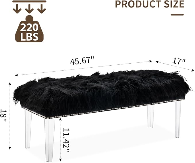 46 Inch Black Bedroom Bench, Benches for Bedroom White Faux Fur Upholstered Bed end Bench, Tufting Bench Indoor Bench with Acrylic Legs for Living Room Bedroom Dining Room Entryway, Black-PawvioPets