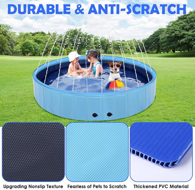 71" Large Dog Pool with Sprinkler, 2-in-1 Foldable Swimming Pool Non-Slip Hard Plastic Splash Sprinkler Kiddie Pool for Outdoor Backyard Kids Dogs Ducks and Pet Baths-PawvioPets