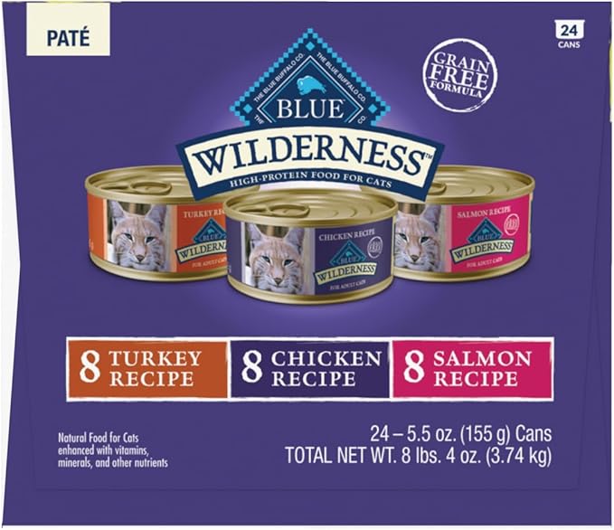 Blue Buffalo Wilderness High Protein, Natural Adult Pate Wet Cat Food Variety Pack, Chicken, Salmon, Turkey 5.5-oz can (24 count - 8 of Each Flavor)-PawvioPets