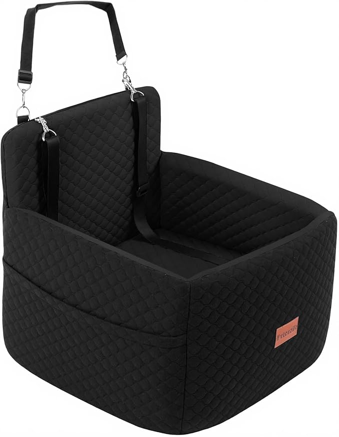Dog Car Seat for Small & Medium Dogs Under 35lbs, Detachable & Washable Pet Car Seat, Interior Height 6 Inches Pet Travel Bed with Storage Pockets and 2 Dog Safety Belts (Black)-PawvioPets