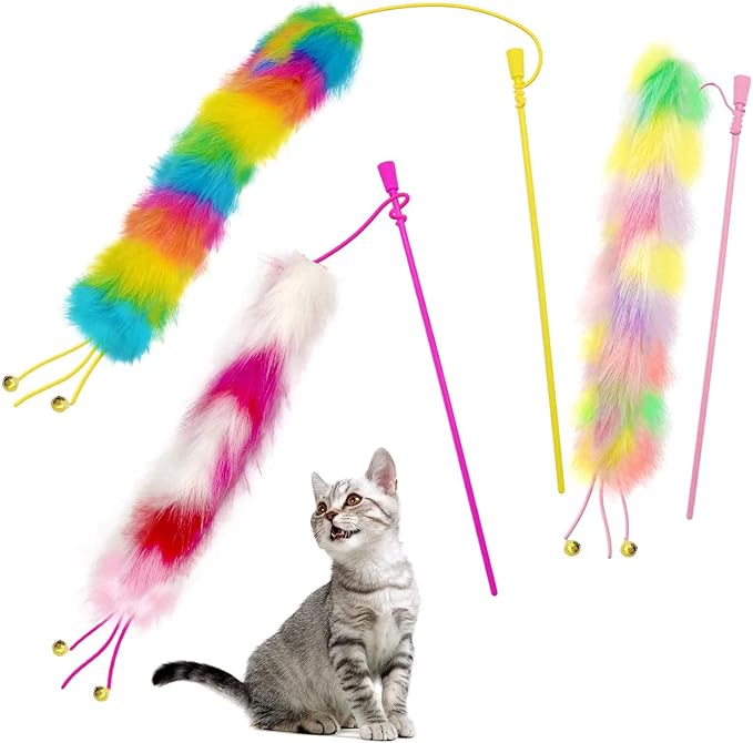 3 Pack Cat Wand Toy, Rainbow Cat Feather Toys with Bells, Teaser Wand with Soft Furry Tail, Interactive Toys for Indoor Cats & Kitten & Kitty-PawvioPets