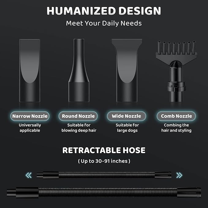 Dog-Hair-Dryer, 5.2HP/ 3800W High Velocity Pet Blow Dryer with Heater for Grooming, Speed Temperature Adjustable Dog Blower Grooming Dryer with 4 Nozzles-PawvioPets