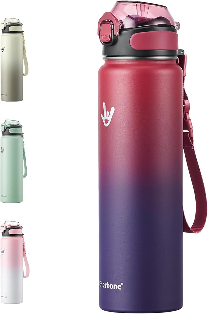 Enerbone 32 oz Insulated Water Bottle, Stainless Steel Bottle with Carrying Strap, Double-Wall Vacuum Insulation Design, Leakproof Sports Bottle with Straw, Keep Drinks Cold or Hot for Hours-PawvioPets