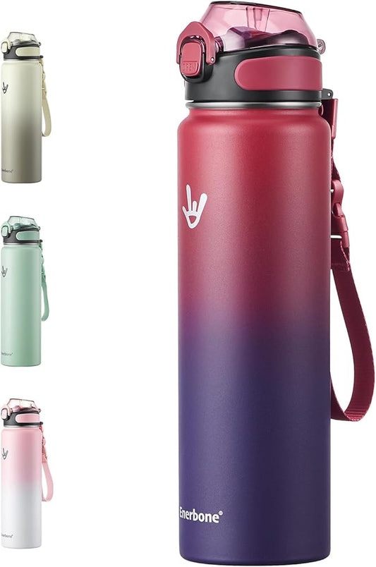 Enerbone 32 oz Insulated Water Bottle, Stainless Steel Bottle with Carrying Strap, Double-Wall Vacuum Insulation Design, Leakproof Sports Bottle with Straw, Keep Drinks Cold or Hot for Hours-PawvioPets