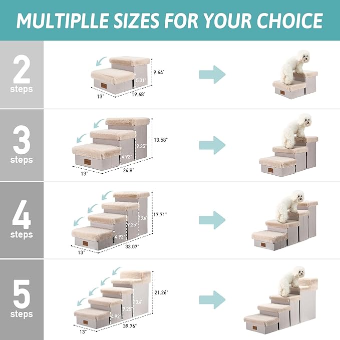Dog Stair for Small Dogs with Storage, 21" H Foldable Pet Step with Soft Cover, Older Cat Ramp for High Bed or Car, Lightweight, Comfort, 39.7x13x21.2 inch, 5 Tiers, Beige-PawvioPets