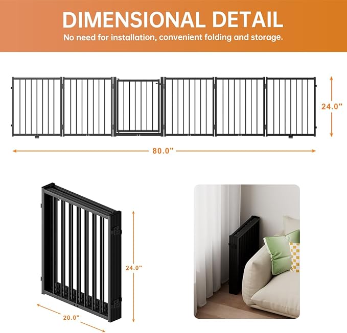 Full Metal Freestanding Dog Gate with Door, 24'' Height Foldable Pet Dog Fence for Indoor & Outdoor, 6 Panels Extra Wide Free Standing SmallDog Gates for Doorways,House,Stairs,Porch,Deck,Yard-PawvioPets
