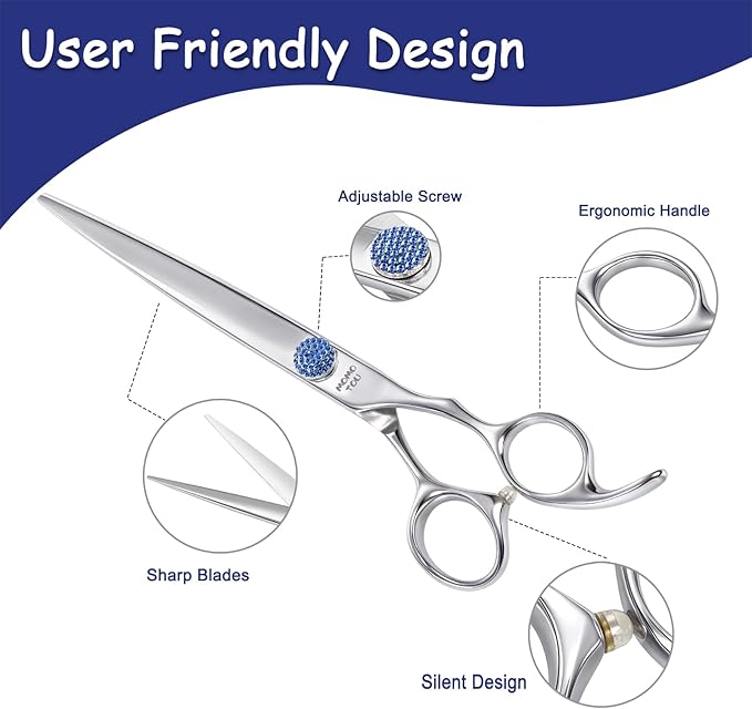 7'' Dog Grooming Scissors CNC 440C Blades Sharp and Durable Polished Straight Dog Shears with Blue Diamond Adustable Screws Easy to Use for Groomer and Home User-PawvioPets