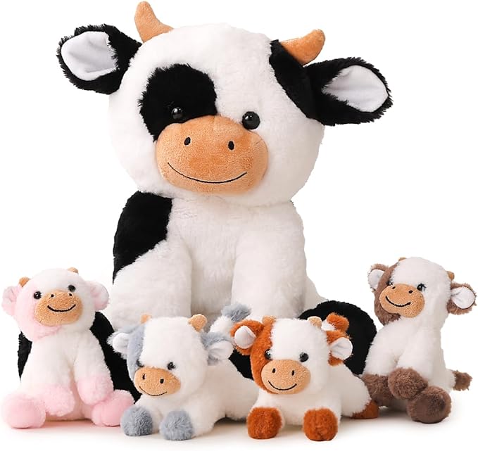 5 Pieces Cow Stuffed Animals for Boys Girls, 1 Mommy Cow with 4 Babies Soft Plush Toy Set Gifts for Kids Children 3 4 5 6 7 8 9 Years, Christmas, Birthday, Party Decorations-PawvioPets
