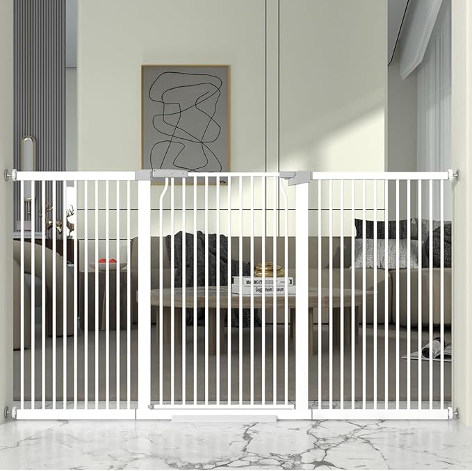 41" Extra Tall and Wide Baby Gate, 72.3-74" Wide Pet Cat Gate for Doorway, Extra Wide Pressure Mounted Child Door with Expansion Kit, Metal Safe Gate, Tall Dog Gate, White-PawvioPets