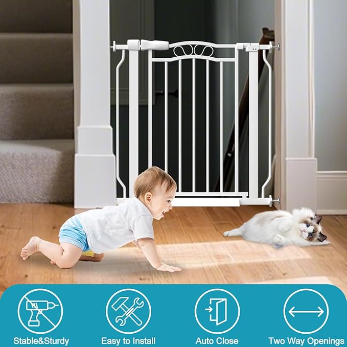 Extra Wide Baby Gate for Doorways 53.1"-62.6", Pressure Mounted Dog Gates With Door, Child Safety Barrier Walk Thru Indoor, Large Babygate Long for Kids Toddler Pet Outside, 30 In Tall White-PawvioPets