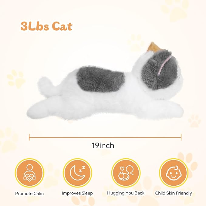 19 inch 3 lbs Cat Weighted Stuffed Animals, Realistic Weighted Cat Stuffed Animal, Sensory Comfort Plush Throw Pillow, Soft Kawaii Kitty Plush Toy Gift for Adults Kids Youth-PawvioPets