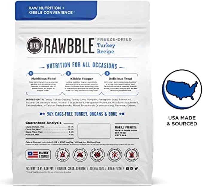 BIXBI Rawbble Freeze Dried Dog Food, Turkey Recipe, 12 oz - 96% Meat and Organs, No Fillers - Pantry-Friendly Raw Dog Food for Meal, Treat or Food Topper - USA Made in Small Batches-PawvioPets
