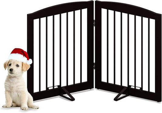 Freestanding Pet Gate for Dogs, Foldable Wooden Dog Gate for House, Indoor Pet Barrier for Stairs, Doorways, Support Feet Included, 24" Height 2 Panels, Brown-PawvioPets