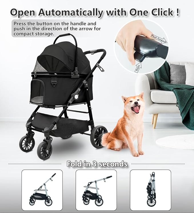 Dog Cat Stroller, Foldable 4 Wheels Dog Stroller for Small Medium Dogs 20 lbs,Pet Strollers for Large Dogs 50lbs, Stable Anti-Shock Detachble Carrier,with 360°Swiveling Front Wheel forTravel-PawvioPets