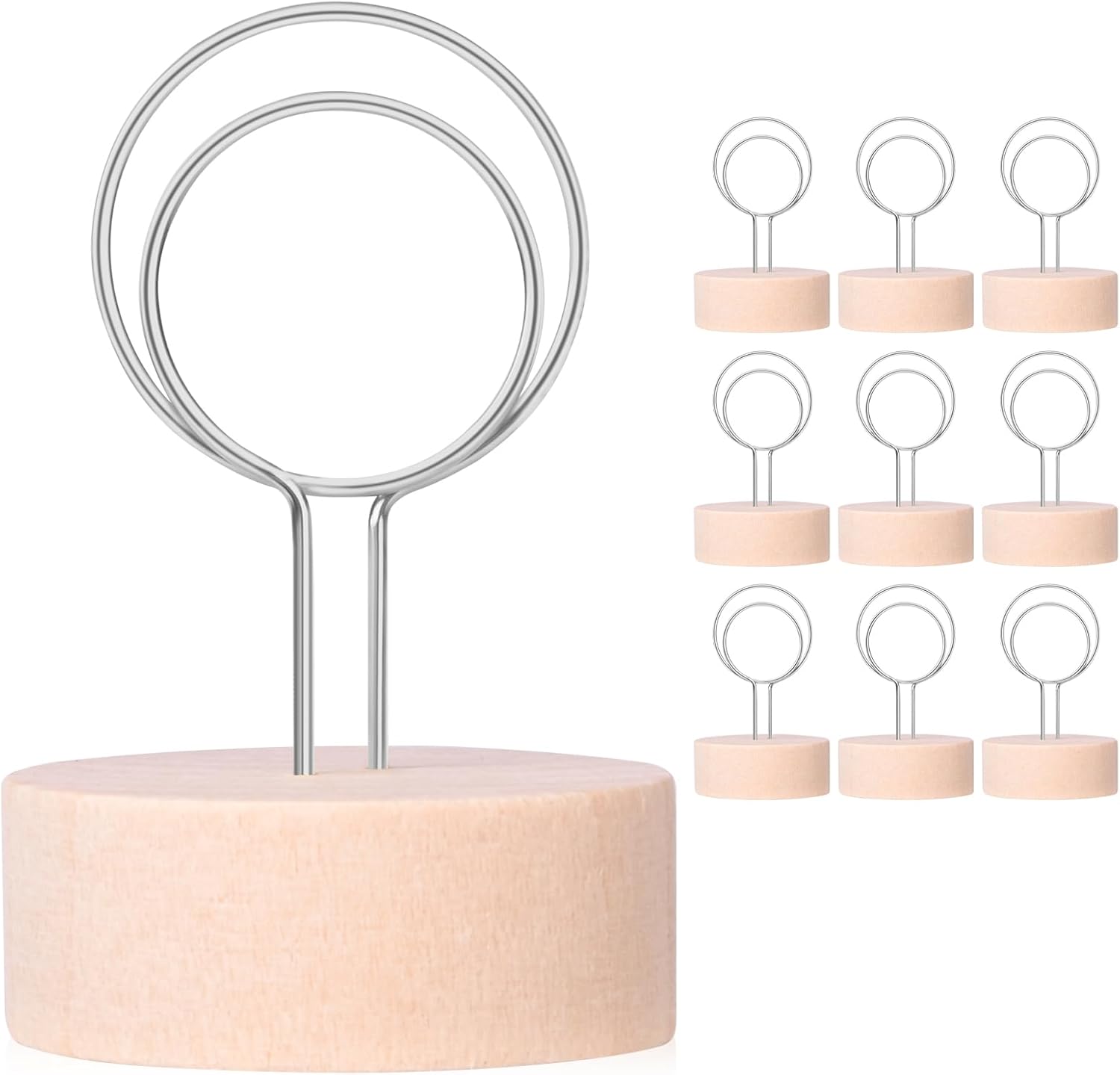 Table Number Holders Pack of 10 Metal Wire with Wooden Base for Better Stability Place Card Holders - Centerpieces, Picture Photo Sign Stands for Weddings, Party, Birthdays -Silver