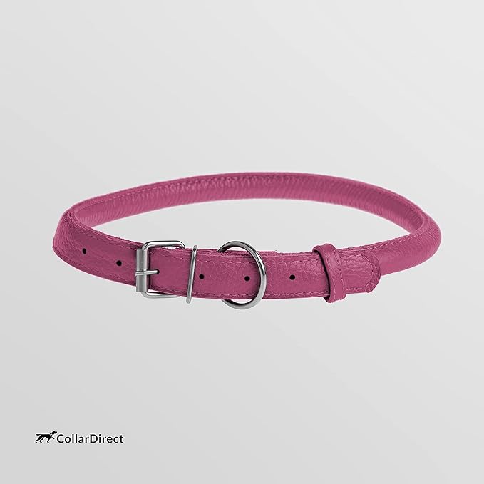 CollarDirect Rolled Leather Dog Collar, Soft Padded Round Puppy Collar, Handmade Genuine Leather Collar Dog Small Large Cat Collars 13 Colors (11-14 Inch, Pink Textured)-PawvioPets