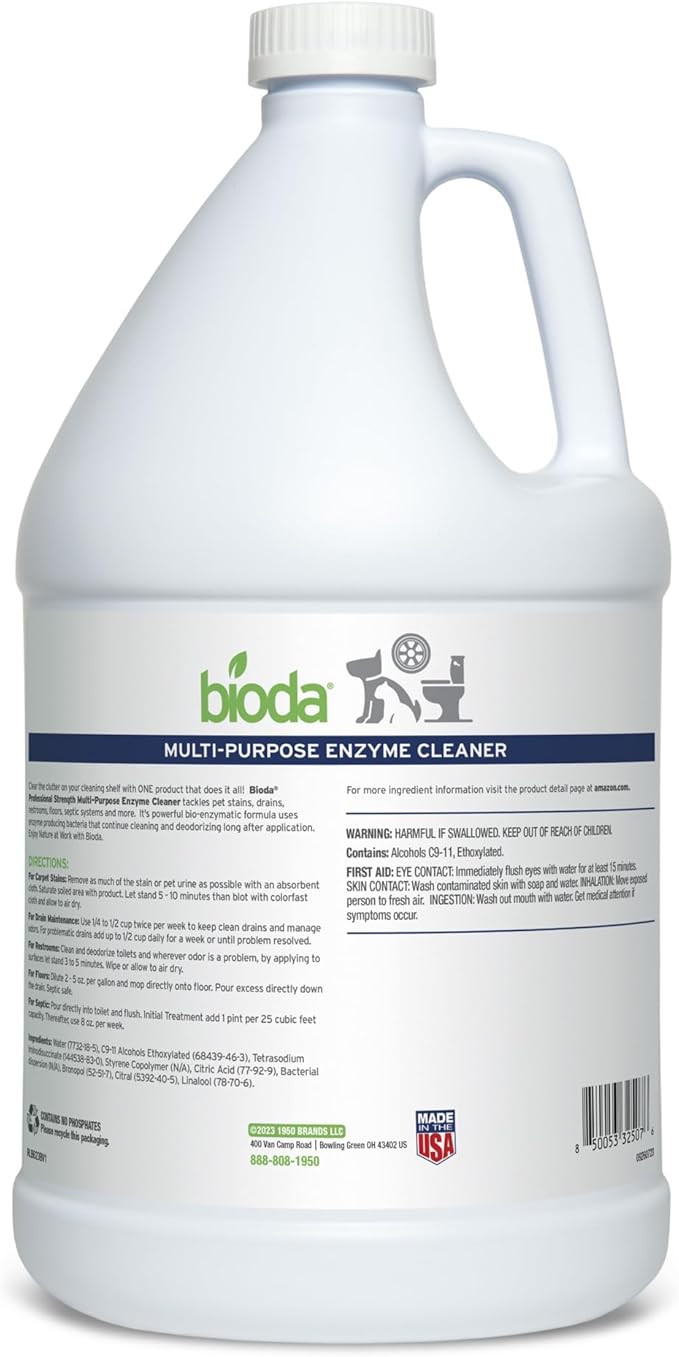 Bioda Multi-Purpose Probiotic Enzyme Cleaner and Deodorizer | Professional Strength | Trash Can Deodorizer, Pet Stains and Odors, Drains, Floors, Bathrooms, Toilets | Made in USA | 1 Gallon-PawvioPets