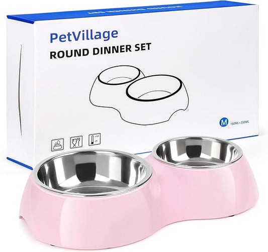 Double Dog Bowls Set – Non-Slip Pet Food & Water Dishes with Resin Stand, Includes Small (1 Cup) & Medium (2 Cups) Bowls – Ideal for Puppies, Cats, and Medium Dogs – Pink-PawvioPets