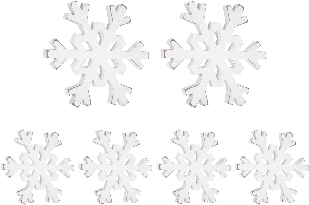 Snowflake Decorations Christmas Decor 6Pcs Winter White Wooden Snowflakes Standing Christmas Tiered Tray Decor Winter Wonderland Decorations for Indoor Home Xmas Table Shelf Fireplace Mantel