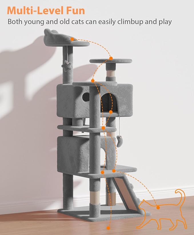 54" Cat Tree Tower for Indoor Cats Large Adult,Cute/Tall Modern Cat Tree for Big Cats 20 lbs, Plush Multi-Level Cat Condo with Scratching Posts, Dangling Ball for Fun (Light Gray, 54 inch)-PawvioPets