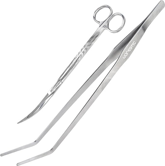 2PCS 15" Curved Aquarium Tweezers Long and 9.8" Aquarium Scissors, Feeding Tongs and Scissors with Protective Cap, Stainless Steel Aquascaping Tools for Plant Trimming and Reptile Feeding-PawvioPets