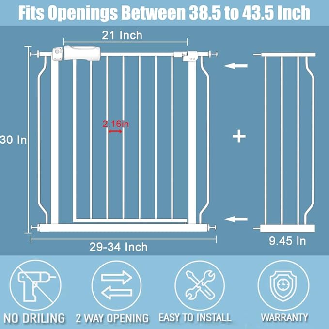 Extra Wide Baby Gate 38.5-43.5 Inch Walk Through Pressure Mounted No Drill Safety Child Gate with Door Tension Metal Gate for Stairs Doorway Puppy Dog Cat-PawvioPets