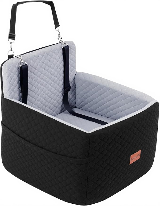 Dog Car Seat for Small & Medium Dogs Under 35lbs, Detachable & Washable Pet Car Seat, Interior Height 6 Inches Pet Travel Bed with Storage Pockets and 2 Dog Safety Belts (Black/Gray)-PawvioPets