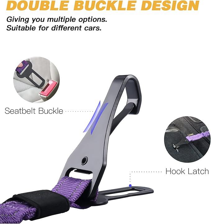 AUBELL Dog Seat Belt for Car,Updated 3-in-1 Adjustable Reflective Bungee Heavy Duty Dog Car Harness Tether with Clip Hook Latch & Buckle,Swivel Zinc Alloy Carabiner,Purple-PawvioPets