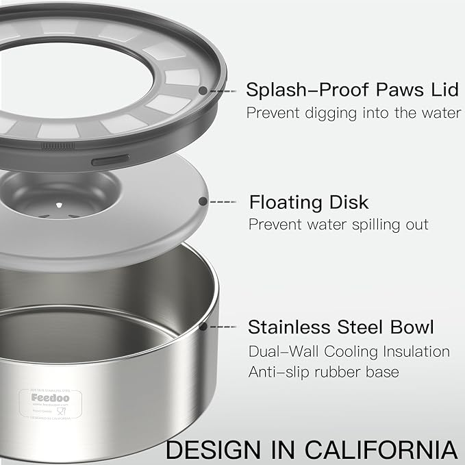 2L No Spill Water Bowl for Dogs, Double-Wall Stainless Steel with Splash-Proof Paws Lid and Floating Disk, Non-Slip Base, Easy to Clean Slow Water Feeder for Small Medium Dogs-PawvioPets