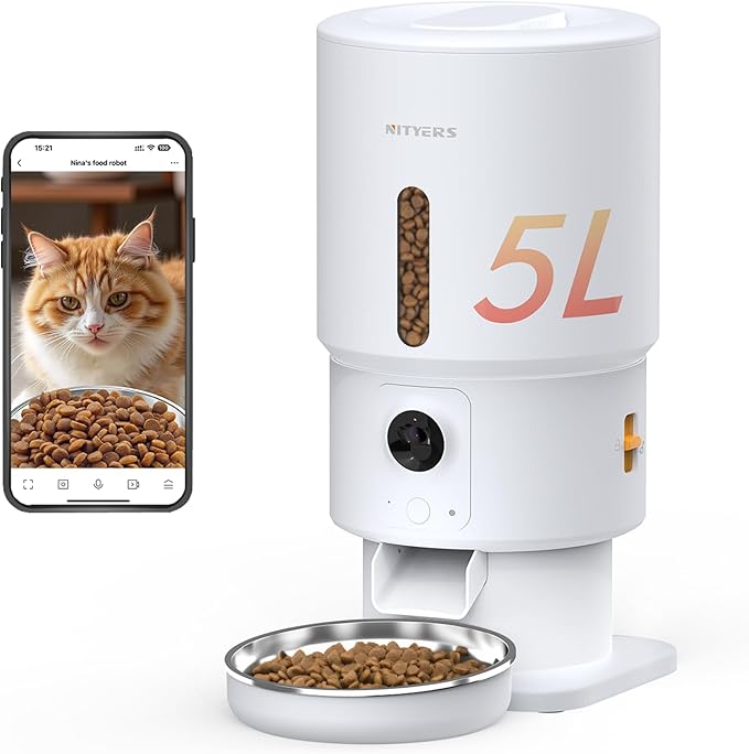 Automatic Cat Feeder with Camera - 5G WiFi Timed Cat Food Dispenser, 1080P HD Video with Night Vision, 1-15 Meals, 1-99 Portions, 2-Way Audio, Keeps Dry Food Fresh, 5L Auto Pet Feeder Also for Dogs-PawvioPets