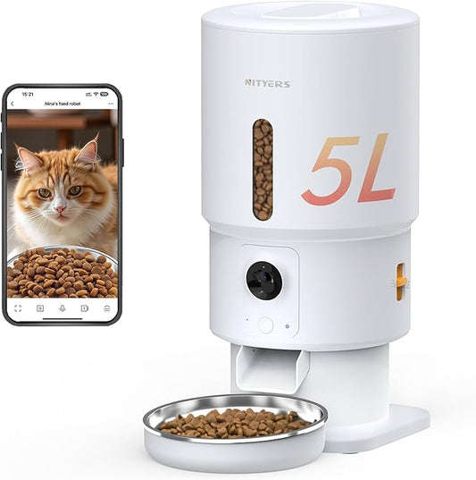 Automatic Cat Feeder with Camera - 5G WiFi Timed Cat Food Dispenser, 1080P HD Video with Night Vision, 1-15 Meals, 1-99 Portions, 2-Way Audio, Keeps Dry Food Fresh, 5L Auto Pet Feeder Also for Dogs-PawvioPets