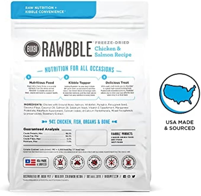 BIXBI Rawbble Freeze Dried Dog Food, Chicken & Salmon Recipe, 26 oz - 94% Meat and Organs, No Fillers - Pantry-Friendly Raw Dog Food for Meal, Treat or Food Topper - USA Made in Small Batches-PawvioPets