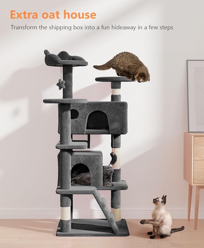 54" Cat Tree Tower for Indoor Cats Large Adult,Cute/Tall Modern Cat Tree for Big Cats 20 lbs, Plush Multi-Level Cat Condo with Scratching Posts,Hammock, Dangling Ball (Smoky Gray, 54 inch)-PawvioPets
