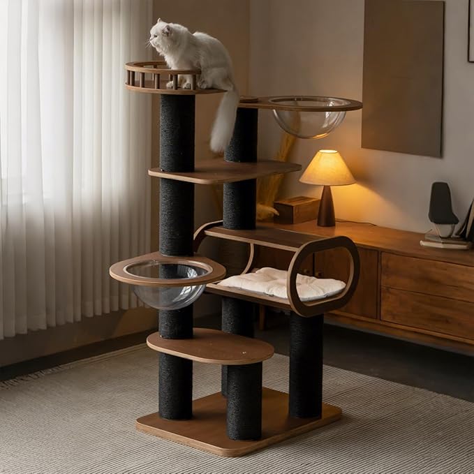 63'' Modern Cat Tree, Black Cat Tower with Scratching Post, Wooden Cat Tree for Indoor Cats Large Adult, Luxury Cat Furniture, Heavy Duty Activity Center with Transparent Bowl and Semi-Closed Condo-PawvioPets