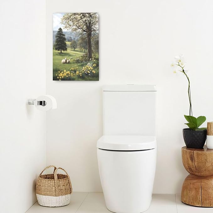 Country Sheep Canvas Wall Decor Farmhouse Rustic Lamb Wildflower Wall Art Nature Countryside Landscape Pictures Painting Print Framed Artwork Decorations for Bathroom Living Room Bedroom 16"x24"-PawvioPets