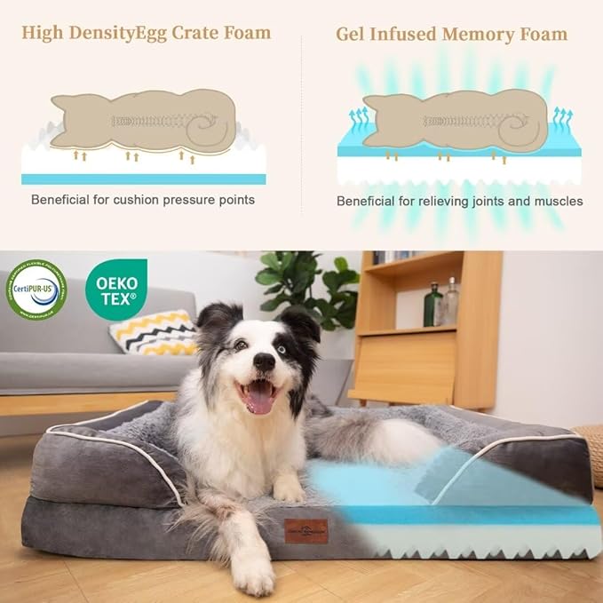 Comfort Expression Cooling Dog Bed for Large Dogs, Orthopedic Memory Foam Beds, Waterproof Washable Dogs Bed with Removable Cover, Pet Bed Dog Sofa with Bolster(Large,Silver Grey)-PawvioPets