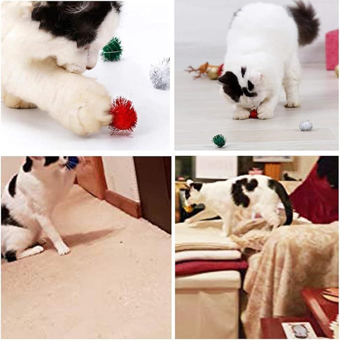 30Pcs 1.2inch/3cm Sparkle Balls for Cats - Interactive Toy Pom Pom Fuzzy Tinsel Cat Balls for Indoor Play (Mixed Colour)-PawvioPets