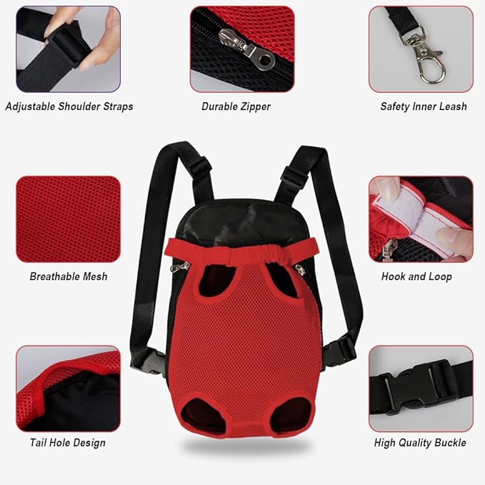 FEimaX Dog Carrier Backpack Pet Legs Out Front Cat Travel Bag, Adjustable Puppy Backpacks Carriers Hands-Free for Small Medium Dogs Cats Hiking Traveling Camping Daily Walking (X-Large, Red)-PawvioPets