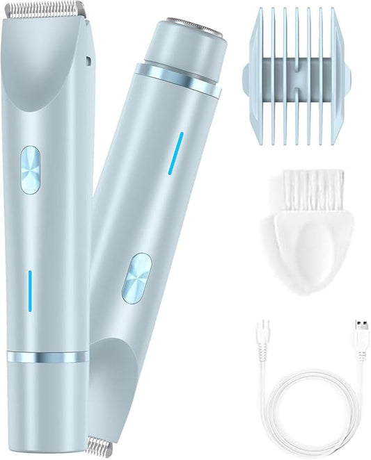 Bikini Trimmer for Women 2025 Upgrade Dual Head Shaver Women Ceramic Blades 2-in-1 Women's Body Shaver Electric Razor 90min Cordless Runtime Waterproof Travel Grooming Kit (Blue)-PawvioPets