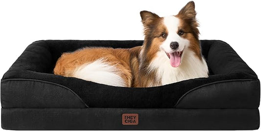 EHEYCIGA Memory Foam Dog Bed for Large Sized, Orthopedic Dog Sofa with Sides and Waterproof Liner, Washable Bolster Pet Couch with Removable Cover, 41x27x7.5 Inch, Black-PawvioPets